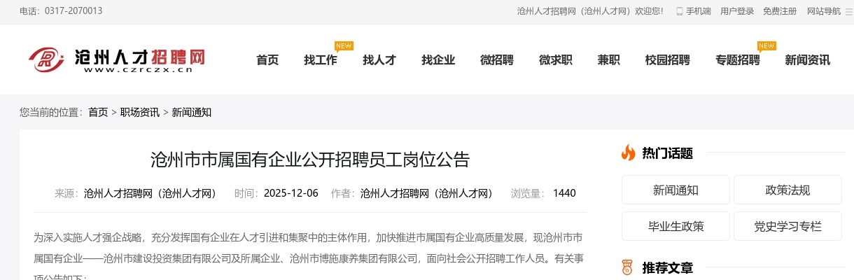 2025河北沧州市市属国有企业招聘员工岗位45名公告 图片
