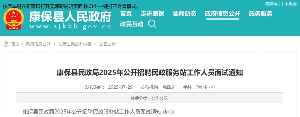 2025年张家口康保县民政局公开招聘民政服务站工作人员面试通知 图片